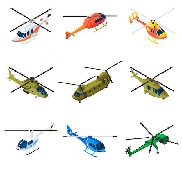 Helicopter elements set, isometric style