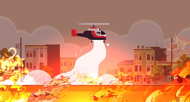 helicopter extinguishes dangerous fire aerial firefighting natural disaster concept intense orange flames city street cityscape  horizontal