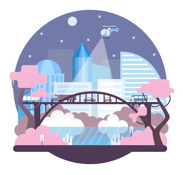 Helicopter over the night city cars on the bridge vector illustration