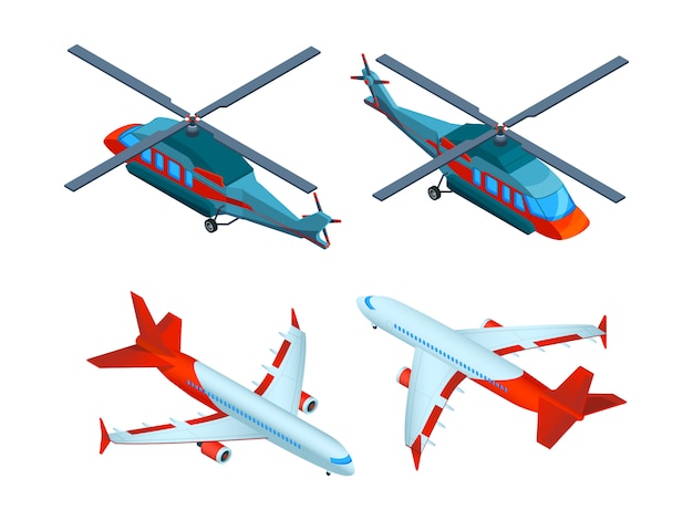 Helicopters isometric. 3d   avia transport. Airplanes and helicopters