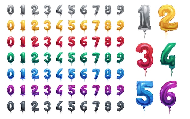 Helium balloons colorful numbers isolate icons set