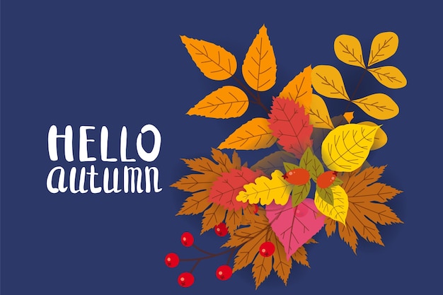 Hello Autumn background with falling leaves yellow orange brown fall lettering template