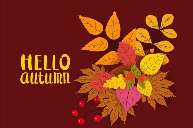 Hello Autumn background with falling leaves yellow orange brown fall