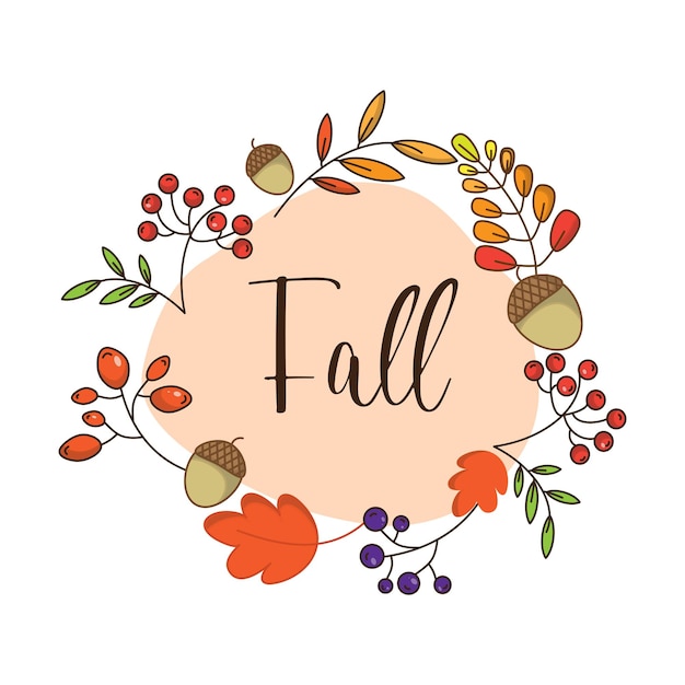 Hello autumn banner card in warm color fall circle frame composition with pumpkin leaf branch