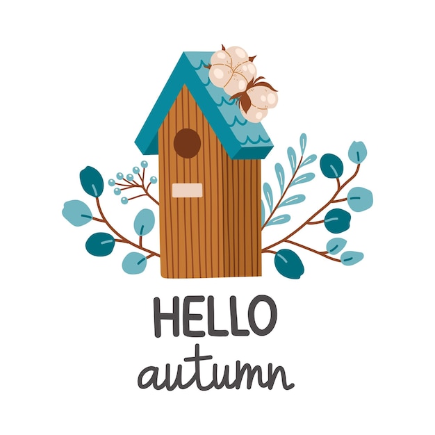 Vector hello autumn birdhouse fall season vector illustration elements