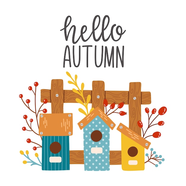 Hello autumn birdhouse fall season vector illustration elements