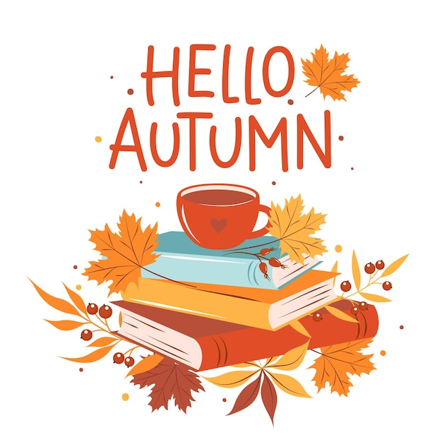 Hello autumn. Books, cup coffee or tea with autumn bright leaves on white background.