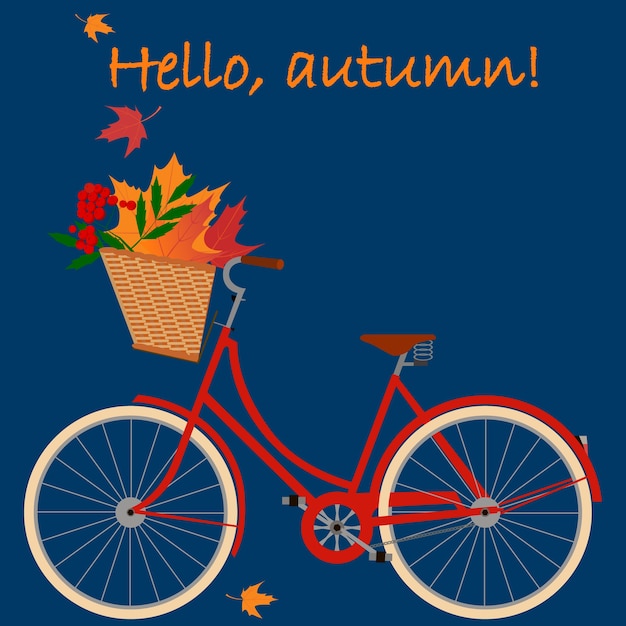 Hello autumn card with bike and maple leaves in the basket.