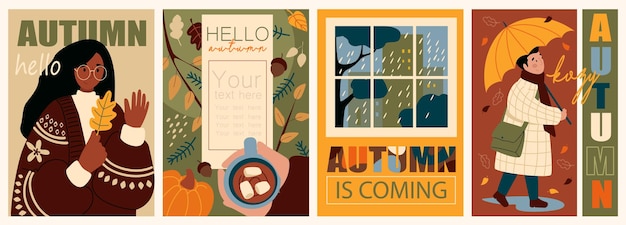 Hello Autumn cover brochure set in trendy flat design Poster templates with woman in sweater holds fall forest leaves hot cocoa raining windows view man with umbrella wolks Vector illustration