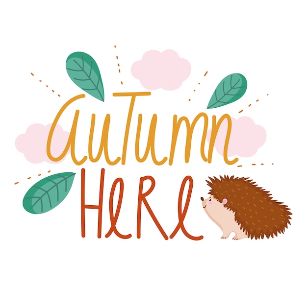 Hello autumn cute hedgehog animal leaves clouds decoration .