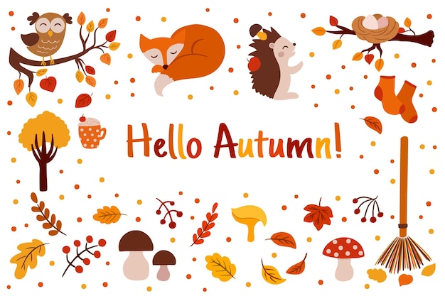 Hello Autumn falling leaves and cute funny owl, fox vector banner