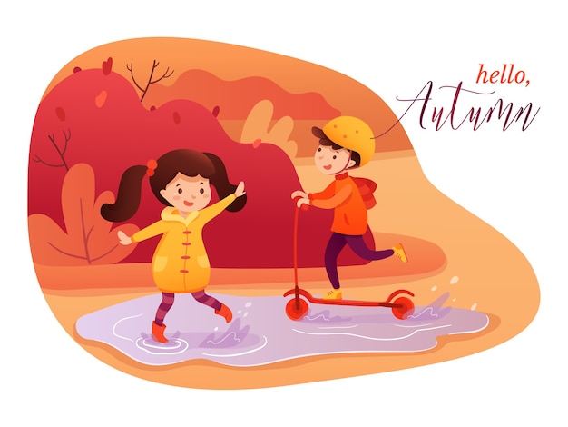 Hello autumn flat banner template, girl splashing in puddle and boy riding scooter cartoon characters, fall season poster concept, little kids playing together illustration