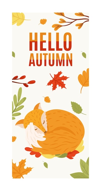 Hello autumn hand drawn card autumn leaves sketch design elements vector illustration