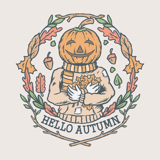 Hello autumn hand drawn pumpkins and autumn leaves