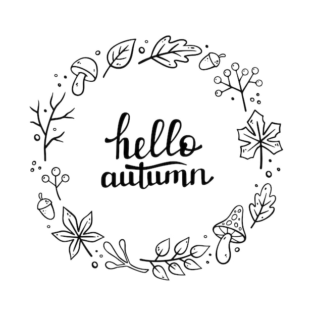 HELLO AUTUMN handwritten lettering Decorative round frame with autumn elements Vector illustration in Doodle style