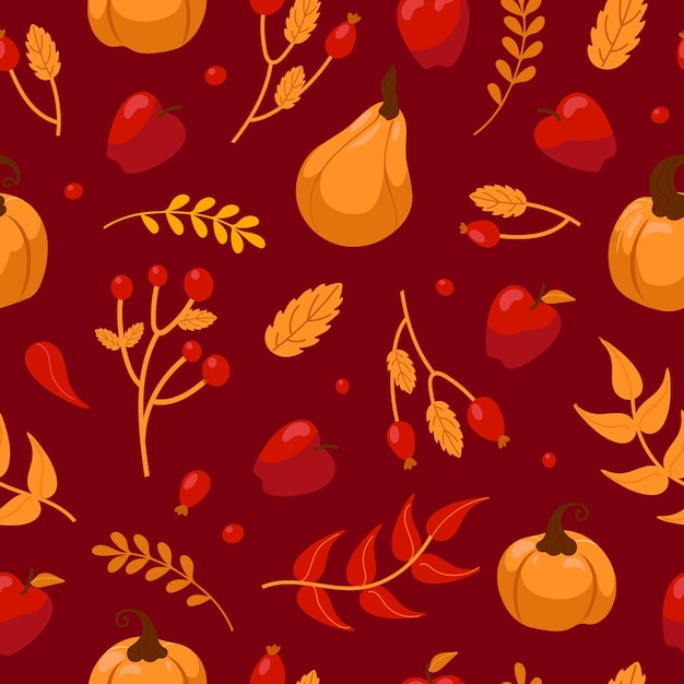 Hello Autumn Harvesting Pumpkins berries leaves apples Bright seamless pattern with natural fruit and plant elements For wallpaper printing on fabric wrapping Warm redorange colors