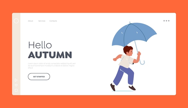 Hello Autumn Landing Page Template Baby Boy Run with Umbrella in Hand Little Male Character Go at Rainy Weather