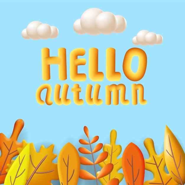 Hello Autumn leaves 3D yellow red brown orange colors Fall bouquet white cloud