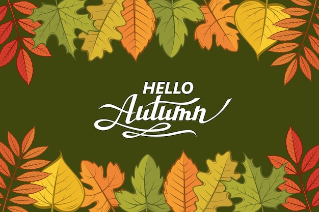 hello autumn lettering pattern with woody leaves