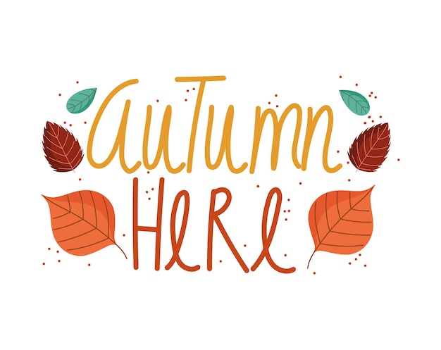 Hello autumn, lettering and seasonal leaves foliage card.