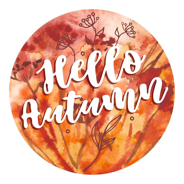 Hello Autumn lettering on Watercolor circle background with flower Design Fall banner Premium Vector