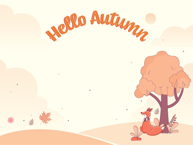 Hello Autumn Poster Design With Cartoon Fox Sitting Under Tree Leaves On White And Peach Background