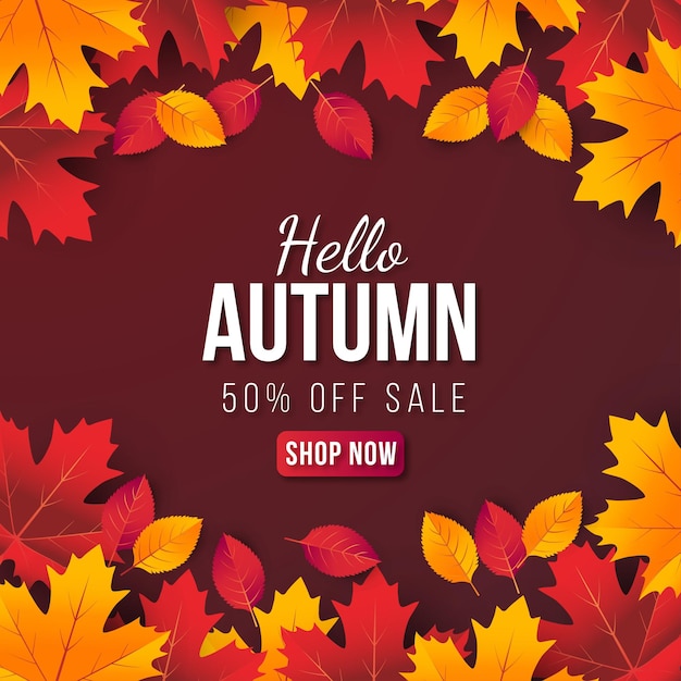 Hello Autumn sale banner background with leaf. Special offer up to 50%.Premium Vector