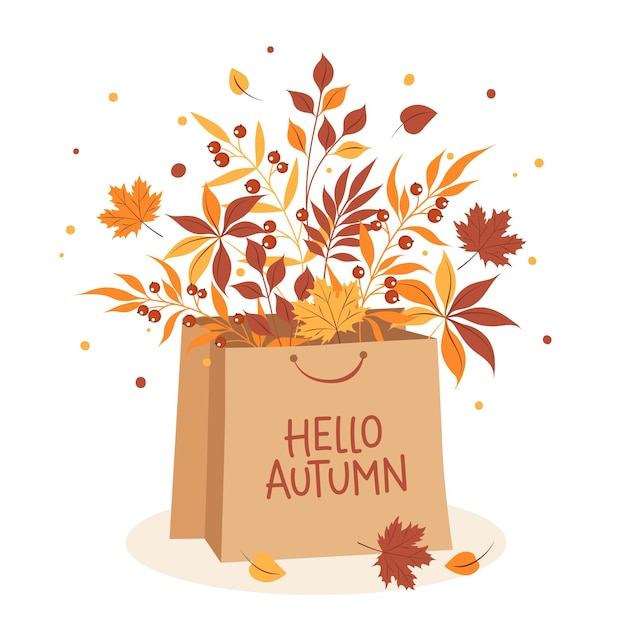 Hello autumn sale banner with paper bag and leaves. Poster, flyer with invitation for shopping