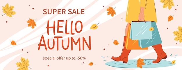 Hello autumn sale banner. Woman with purchases in autumn.