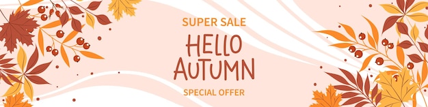 Hello autumn sale horizontal banner with leaves. Bright poster, flyer with invitation for shopping