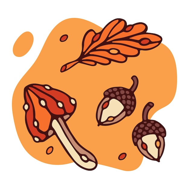 Hello Autumn Set Mushroom, Acorns and oak leaf for Thanksgiving Day, Halloween Premium Vector