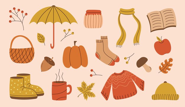 Vector hello autumn set pumpkin acorn umbrella scarf sweater book boots leaves basket hand drawn vector