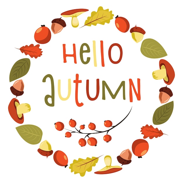 Hello autumn vector illustration frame of leaves and mushrooms