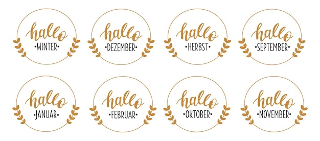 Hello Autumn and Winter monthes in german language hand drawn lettering logo set.