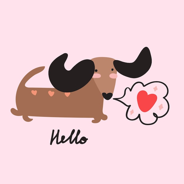 Hello. Dachshund. Vector hand drawn illustration on pink background.