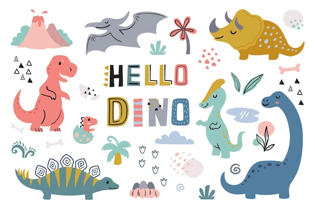 Hello dinosaurs clipart collection for childish nursery with pastel color