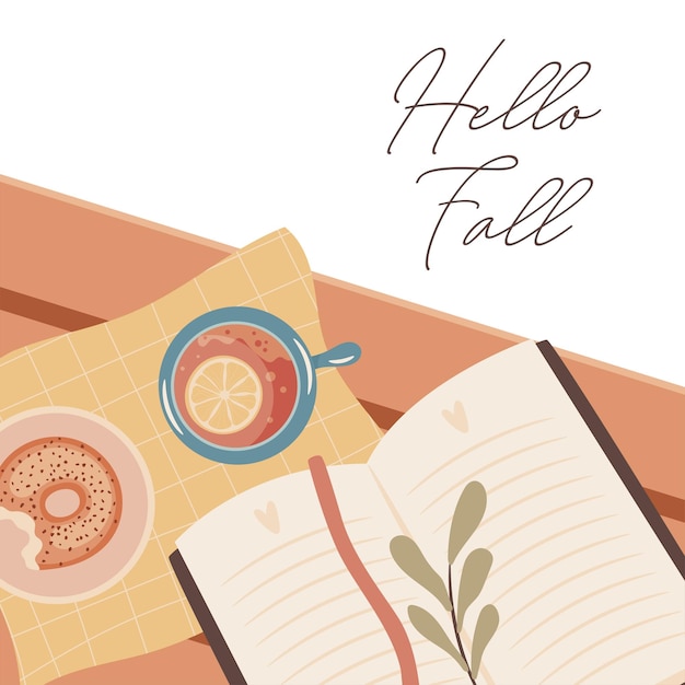 Hello Fall concept Cozy autumn time concept Reading books and drinking hot lemon tea Vector illustration