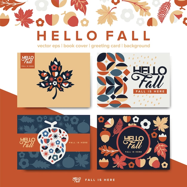 Hello fall geometric greeting card, poster, book cover vector collection