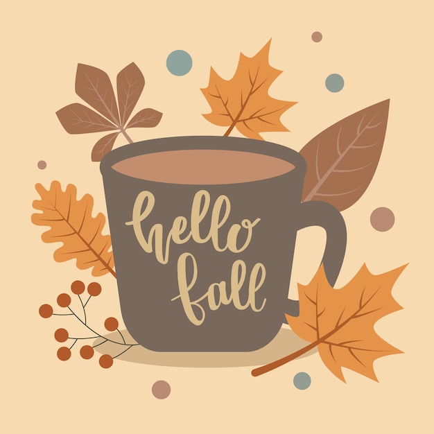 Hello fall lettering on coffee cup. Hand drawn lettering vector illustration.