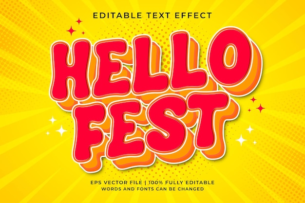 Hello fest text effect, retro old school cartoon text in groovy style theme