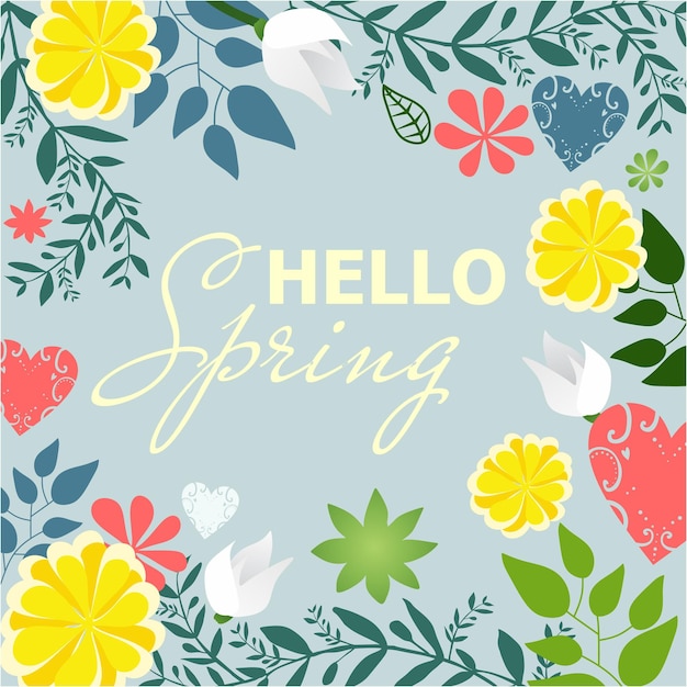 Hello March vector banner design template with images of green leaves bright flowers and lettering composition