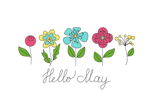 Vector hello may flowers inscription isolated white background hand lettering banner card poster greeting