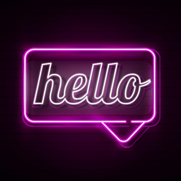 Hello. Neon glowing signboard. Text on color background. Illustration for your business, bar, restaurant, cafe, night club