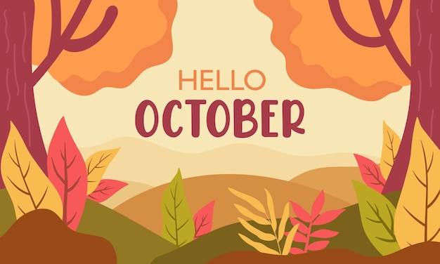 Hello October Background, Autumn greetings Banner with fall trees in forest