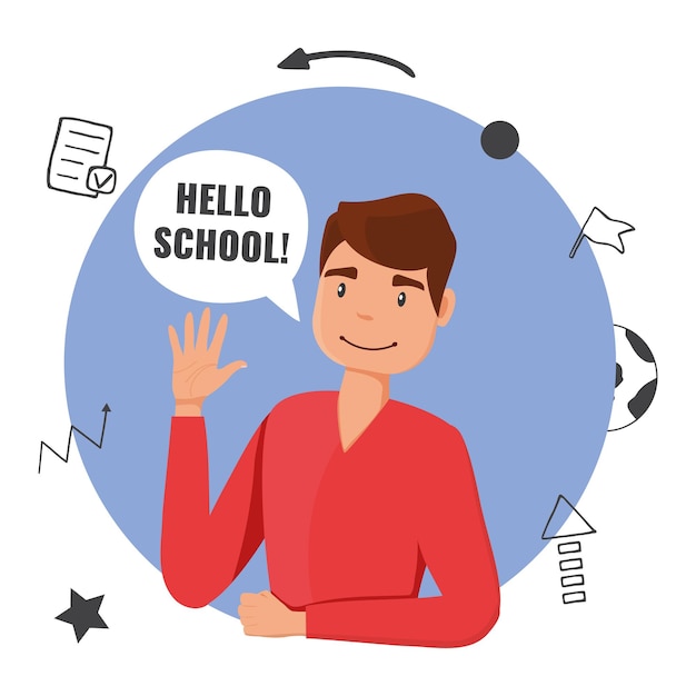 Hello school concept Young male teacher says hello Background with handdrawn elements