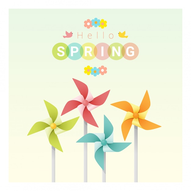 Hello spring background with colorful pinwheels