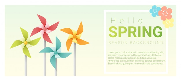 Vector hello spring background with colorful pinwheels