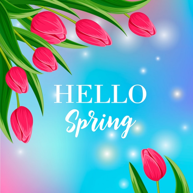 Hello spring banner with blooming tulip