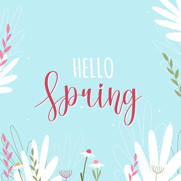 Hello spring Blue banner with white and pink flowers and twigs Flat isolated flowers and plants