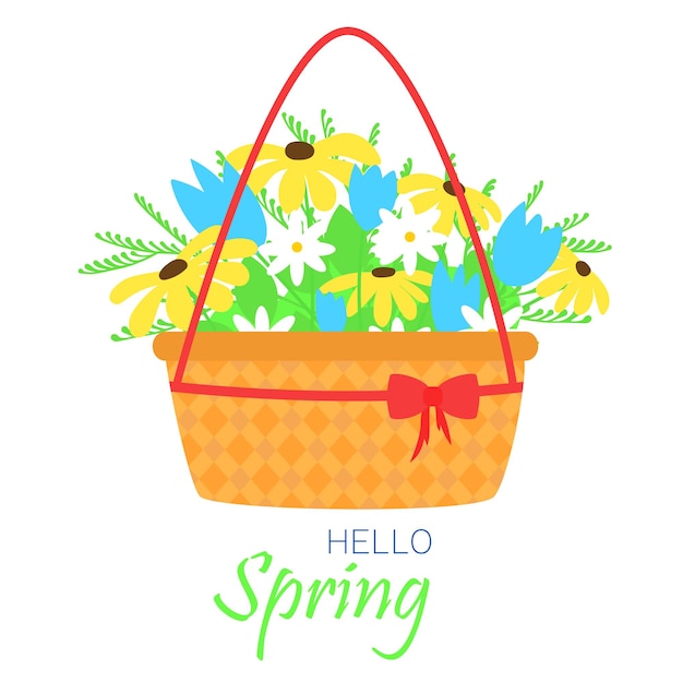 Hello spring card. Flowers in baskets. Square banner. Vector illustration.